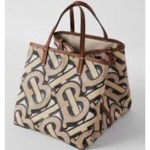 BURBERRY EXTRA LARGE EMBROIDERED MONOGRAM COTTON BEACH TOTE IN NEUTRALS